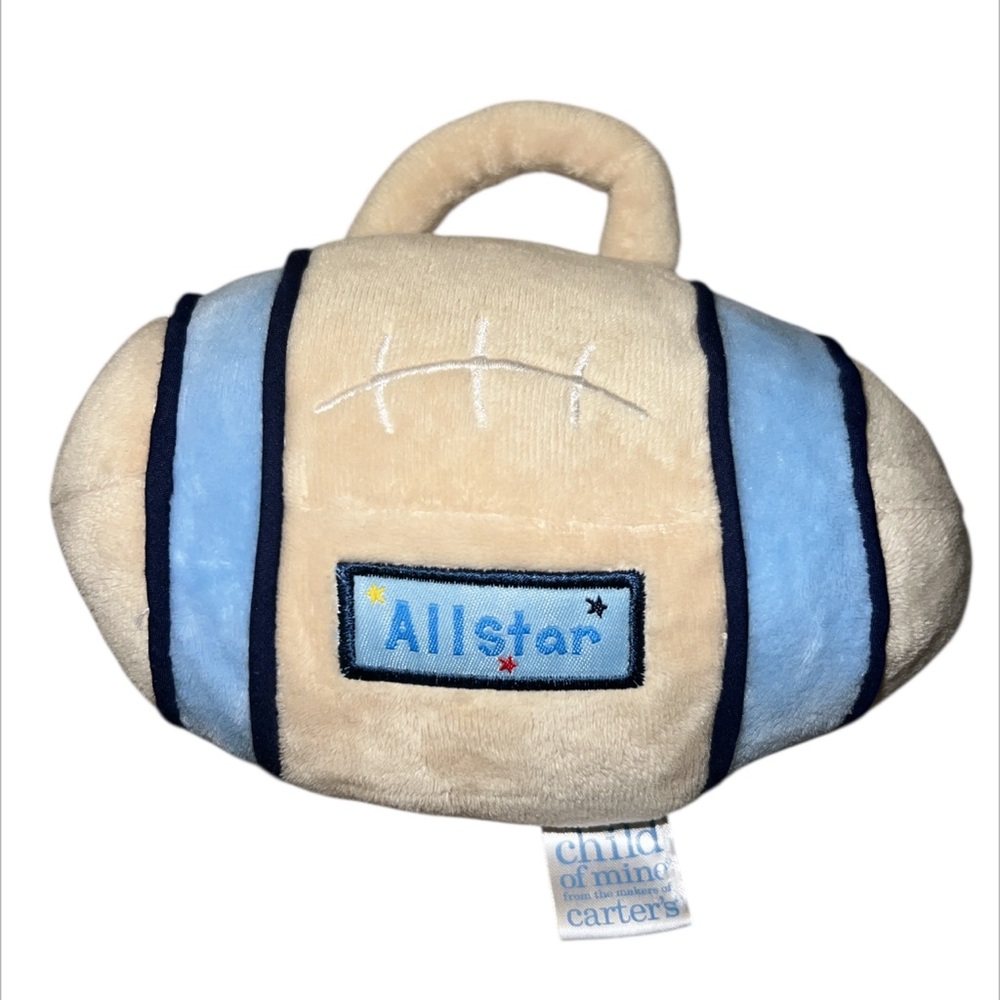 All Star Football Rattle Baby Boy Blue Tan Carters Infant Crib Plush 7" Toy